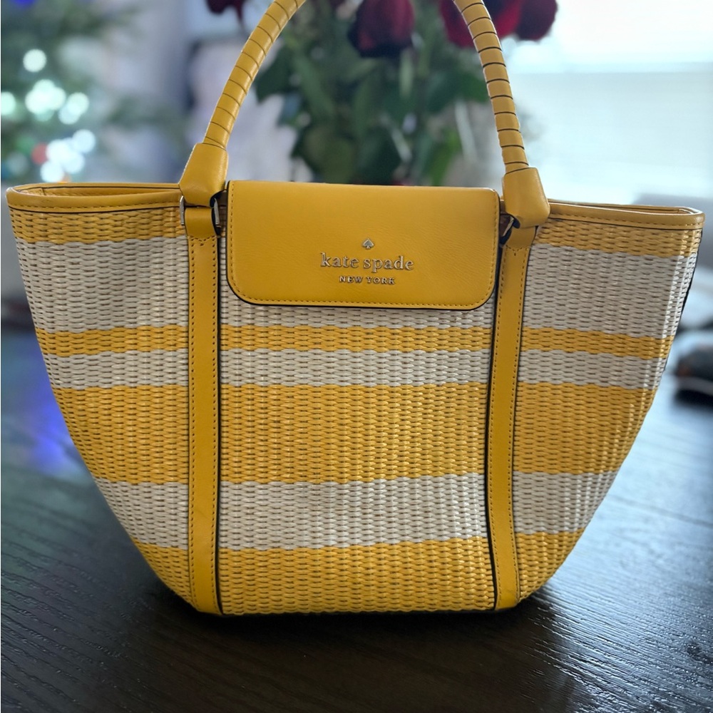 Kate Spade Cruise Med Stripe Straw Tote Mango Ice